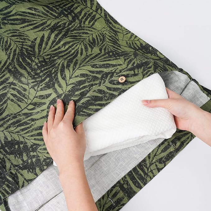 Linen Hanging Laundry Bag, 100% Linen Leaf Print Over The Door Laundry Hamper with Buttons and Zipper, Space Saving Door Hampers for Laundry Dirty Clothes Home Travel, Green, 19.7x27.5inches-Ruum Studio Home