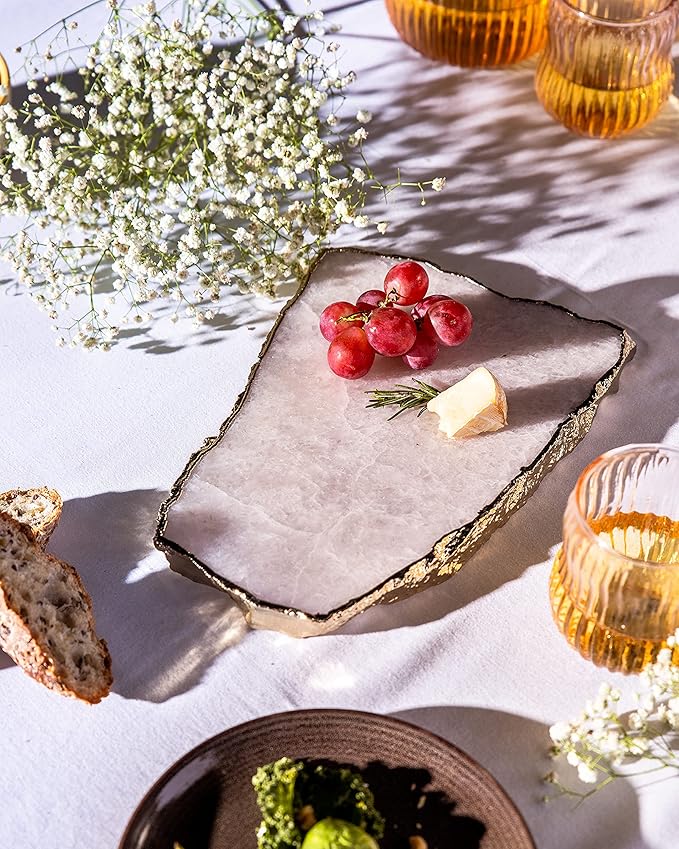 Generic White Quartz Agate Cheese Board Platter Tray Gold Plated Edges Agate Slab for Table Centrepiece Geode Stone Gifts For House Warming, Engagement, Wedding, Christmas-Ruum Studio Home