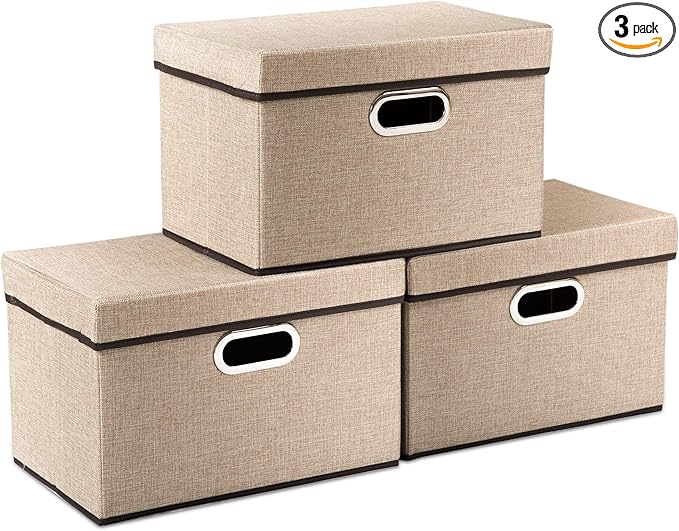 PRANDOM Collapsible Storage Cubes with Lids [3-Pack] Jute Fabric Foldable Storage Boxes Organizer Containers Baskets Bins with Cover for Home Bedroom Closet Office Nursery (14.9x9.8x9.8)-Ruum Studio Home