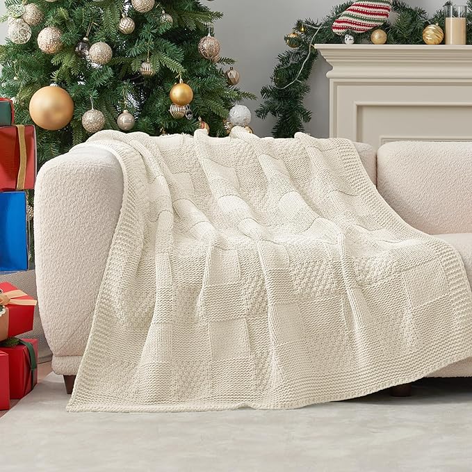 Amélie Home Chenille Knit Throw Blanket for Couch, Checkered Texture Decorative Soft Blanket for Sofa, Bed & Living Room, 50"x60", Ivory-Ruum Studio Home