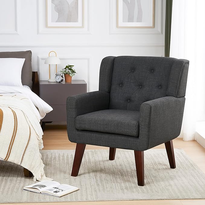Accent Chair Button-Tufted Upholstered Living Room Chairs Comfy Reading Chair Mid Century Modern Chair with Linen Fabric Lounge Arm Chairs for Living Room Bedroom (Dark Grey)-Ruum Studio Home
