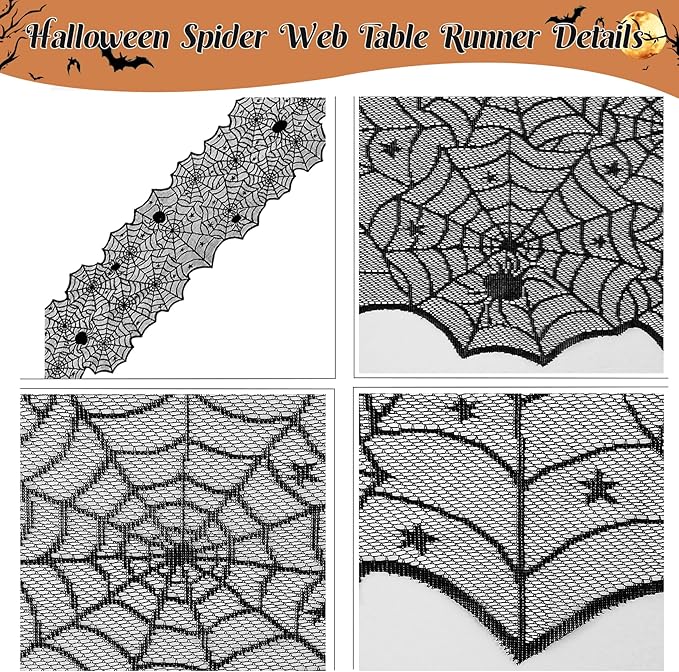 3 Pack Halloween Decorations Sets, Black Lace Spider Webs Table Runner & Halloween Cobweb Fireplace Scarf with 120 pcs 3D Bat for Halloween Indoor Decors Party Supplies-Ruum Studio Home
