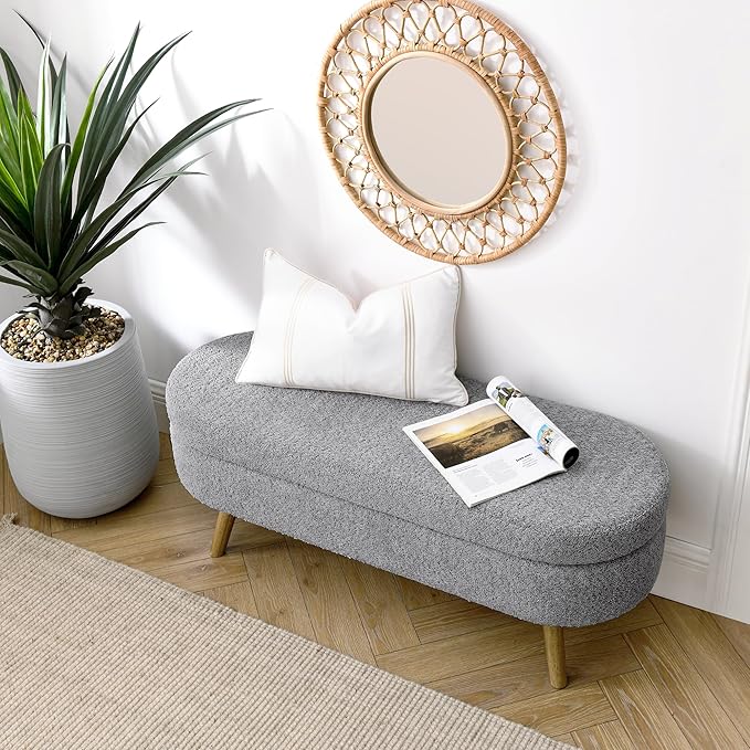 Oval Storage Bench 43.5" Linen Fabric Upholstered Entryway Bench with Solid Wood Legs Ottoman Bench Indoor Bench for Living Room/Bedroom/End of Bed/Entryway (New Grey)-Ruum Studio Home