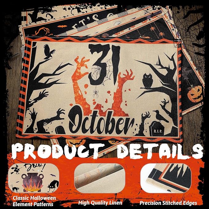 Umigy 6 Pcs Halloween Placemats 12"x18" Gothic Bat Placemats Kitchen Decoration Washable Witch Place Mats Rectangle Skull Table Mats for Halloween Dining Table Accessories(Classic)-Ruum Studio Home