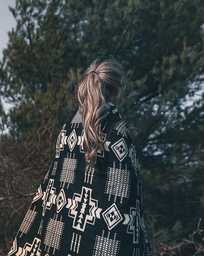 Inca Aztec Throw, Queen, King Blanket | Southwest Indian Navajo Boho Style | Native Cover for Camping, Bedding, Couch, Vanlife | Faux Alpaca, Lightweight, Hypoallergenic (Obsidian Black, Throw)-Ruum Studio Home