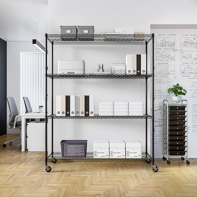 Seville Classics UltraDurable Heavy Duty NSF Solid Steel Wire Rack Storage Unit, Organizer for Garage, Warehouse, Office, Restaurant, Classroom, Kitchen, Black, 4-Tier Shelving, 60" W x 24" D-Ruum Studio Home