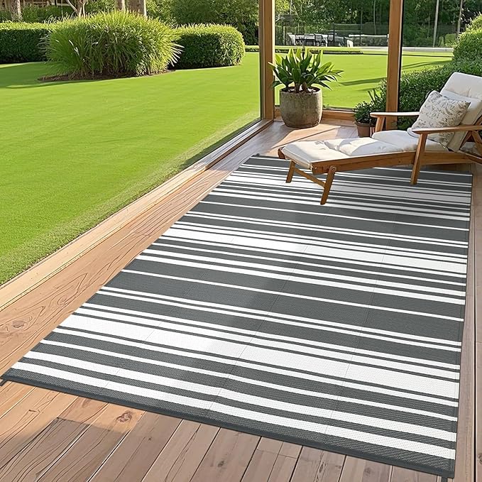Outdoor Patio Rug 9x12 Stain-Resistant Reversible Camping Mat, Modern Striped Outdoor Plastic Straw Rug, Waterproof Outside Carpet, Easy to Clean for RV, Porch, Deck, Balcony, Grey-Ruum Studio Home