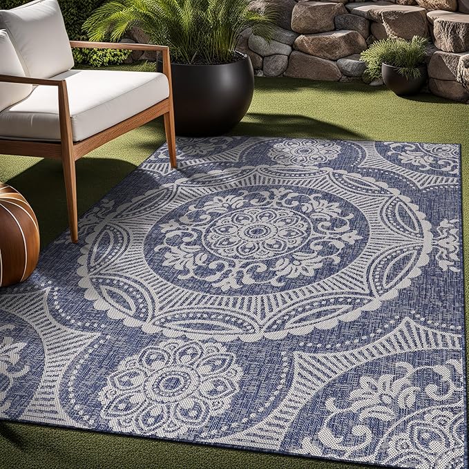 Medallion Outdoor Rug 5x7 Washable Outside Carpet for Indoor Patio Porch Waterproof Easy Cleaning Non Shedding Area Rugs Blue 5 x 7-Ruum Studio Home