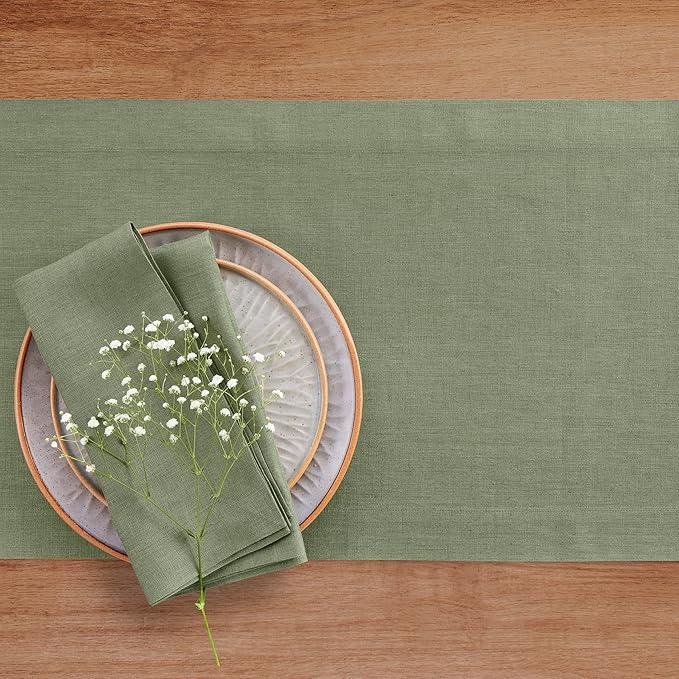 Solino Home Linen Oil Green Table Runner 144 Inches Long - 100% Pure Linen Extra Long Table Runner 14 x 144 Inch for Fall, Autumn, Thanksgiving - Fete-Ruum Studio Home