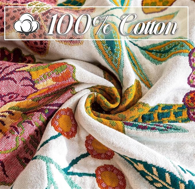 Summer Throw Blanket for Couch Bed Chair, 100% Cotton Muslin Breathable Woven Throws 60''x 80'' Boho Vintage Quilt for All Seasons Warm Lightweight Farmhouse Blankets Home Decoration-Ruum Studio Home