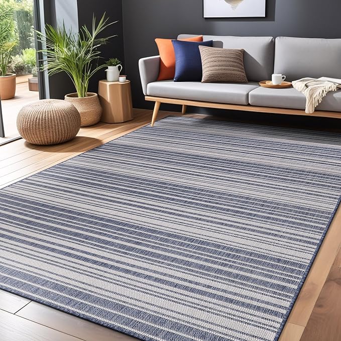 Stripe Outdoor Rug 9x12 Washable Outside Carpet for Indoor Patio Porch Waterproof Easy Cleaning Non Shedding Area Rugs Blue 9 x 12-Ruum Studio Home