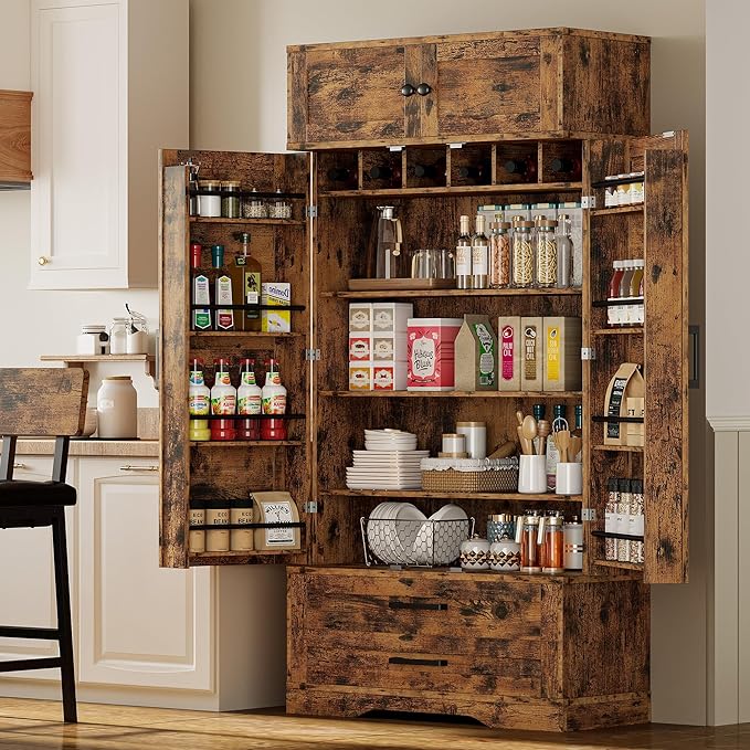 IRONCK Kitchen Pantry 72" Height, with 8 Hanging Shelves, 2 Drawers and Open Storage Cabinet, Freestanding Cupboard for Dining Room Living Room,Vintage Brown-Ruum Studio Home