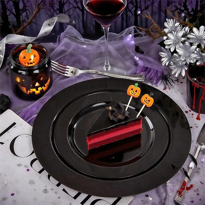 FLOWERCAT 60PCS Black Plastic Plates - Heavy Duty Black Disposable Plates for 30 guests Halloween Party/Wedding/New Year - Include 30PCS 10.25inch Dinner Plates and 30PCS 7.5inch Dessert Plates-Ruum Studio Home