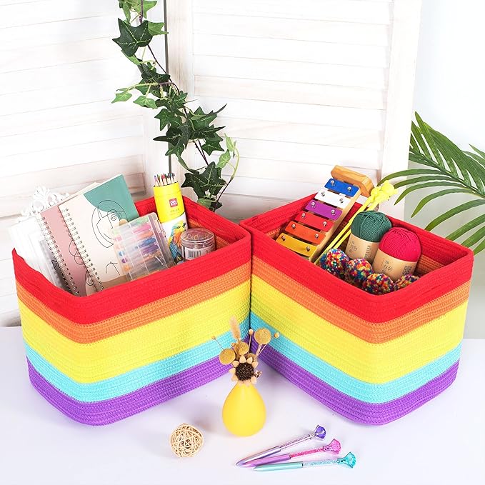 MINTWOOD Design 3-Pack Storage Baskets for Shelves, Playroom and Classroom, Book Basket, Decorative Storage Cube Bins, Woven Closet Organizers, Pantry and Shoe Organizer, Rainbow-Ruum Studio Home