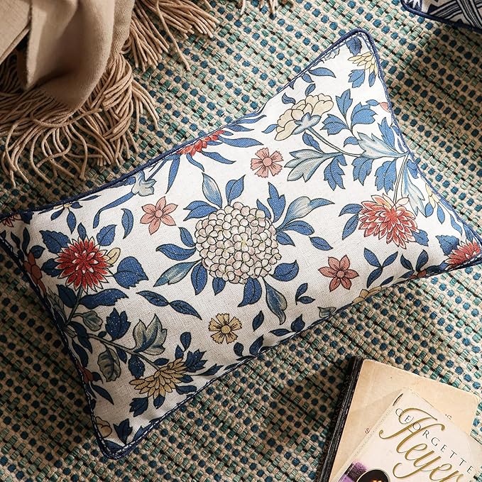 patdrea Designer Floral Linen Throw Pillow Covers,Blue French Cottage Flower Pattern Decorative Pillowcases Cushion for Bed Living Room Outdoor Car,Pack of 4-Ruum Studio Home