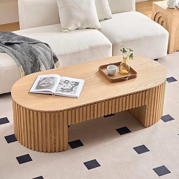 51.18'' Oval Coffee Table for Living Room Fluted Center Table with Drawer, Mid Century Modern Coffee Tables, Easy Assembly for Office Storage Tea Table Oak-Ruum Studio Home