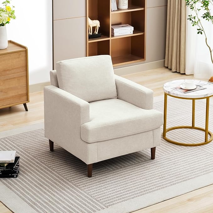 Mid-Century Accent Chair,Modern Linen Fabric Armchair for Living Room,Comfy Upholstered Reading Accent Chairs for Bedroom,Single Sofa Chair with Wood Legs (Beige, 1 Pack)-Ruum Studio Home