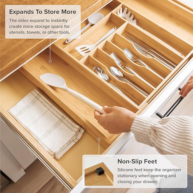 Premium Silverware, Flatware and Utensil Organizer for Kitchen Drawers, Food-Safe Contract Grade, Expandable from 14 to 25 In, Natural Bamboo-Ruum Studio Home