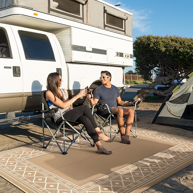 GENIMO Outdoor Rug Waterproof 6'x9' for Patio, Foldable Reversible Plastic Straw Carpet for Travel Trailers, Outside Area Mat for Rv, Deck, Picnic, Porch, Camper, Balcony, Beach, Brown & Beige-Ruum Studio Home
