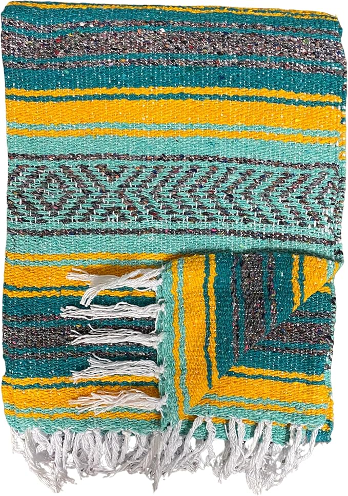 Del Mex Classic Mexican Blanket, Large Authentic Woven Falsa Throw (70"x50"), Artisan Southwest Décor for Beach, Yoga, Outdoors (Teal/Yellow)-Ruum Studio Home