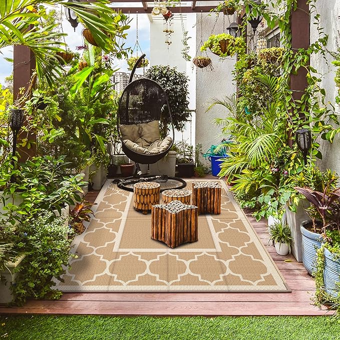GENIMO 9' x 12' Outdoor Rug for Patio Clearance, Waterproof Indoor Outdoor Plastic Straw Rugs Carpet, Reversible Outside Area Rv Mat for Camping, Balcony Porch, Deck, Picnic, Beach (Brown & Beige)-Ruum Studio Home