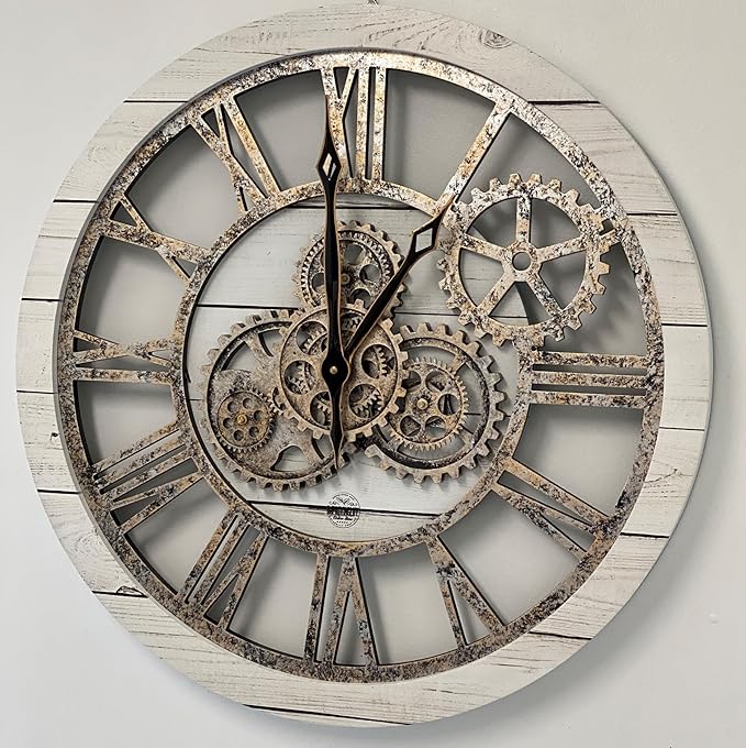 The Gears Clock The Original Real Moving Gear Wall Clock Vintage Industrial Oversized Rustic Farmhouse (24 inch (60cm),White Farmhouse)-Ruum Studio Home