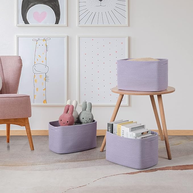 Cotton Rope storage Basket Bins Woven Basket for Organizing Shelves Rectangle Decorative Baskets For storage Clothes Toys Books Towels Square Wicker Nursery basket organizer 3 pack purple lavender-Ruum Studio Home