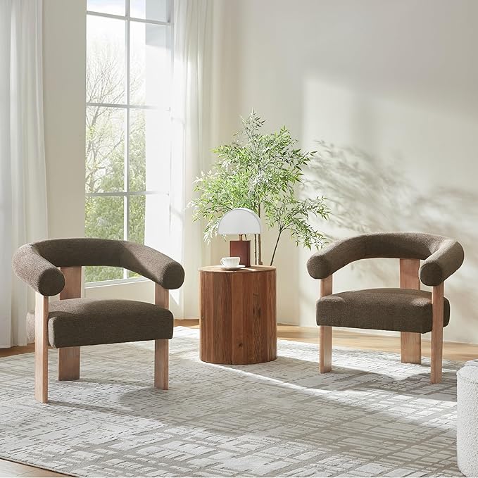VKNOW Accent Chair Living Room Chair Set of 2, Modern Upholstered Armchair with Solid Wood Legs, Comfy Barrel Arm Chairs for Living Room Bedroom, Brown-Ruum Studio Home