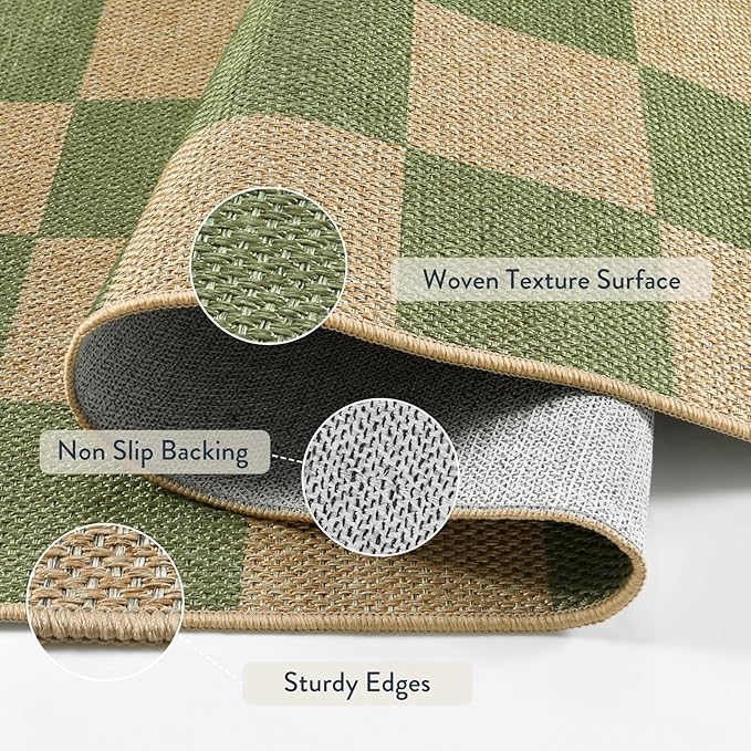 Lahome Checkered 3x5 Washable Rug, Green Easy Jute Rug for Entryway Living Room, Modern Non Slip Non Shedding Indoor Outdoor Carpet for Porch Deck Kitchen-Ruum Studio Home