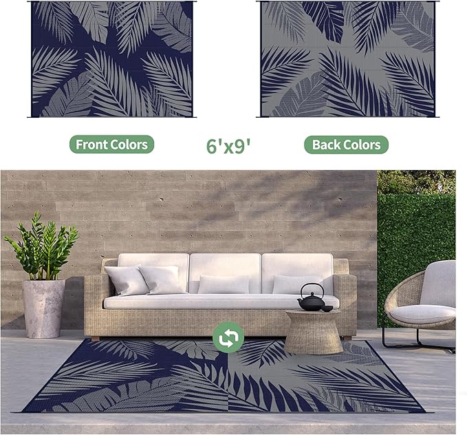GENIMO Outdoor Rug 6' x 9' Waterproof for Patios Clearance, Reversible Outdoor Plastic Straw Camping Rug Carpet, Large Area Rugs Mats for RV, Camper, Deck, Balcony, Porch, Beach, Picnic Navy Blue&Grey-Ruum Studio Home