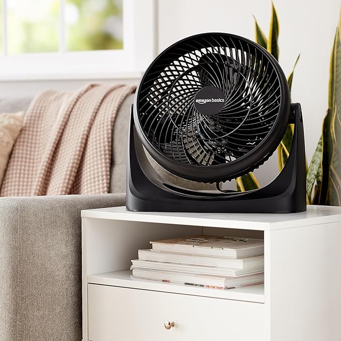 Amazon Basics Air Circulator Fan, Desk Fan for Bedroom, Home and Office, With 90-Degree Tilt Head, 3 Speed Settings, Lightweight (4.2 LBS), 70 Watts, Black, 14.8"Wx7.6"Dx14.1"H-Ruum Studio Home