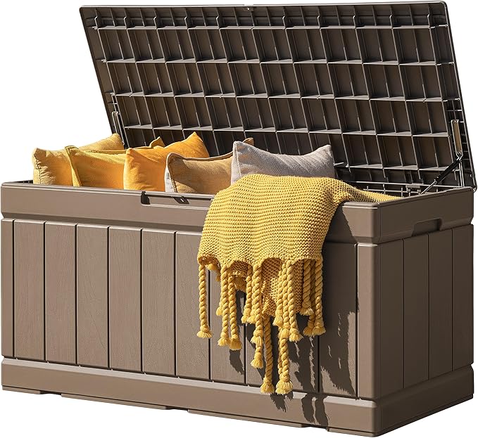 JUMMICO 83 Gallon Outdoor Deck Box Large Resin Storage Box for Patio Furniture Cushions and Garden Tools (Khaki)-Ruum Studio Home