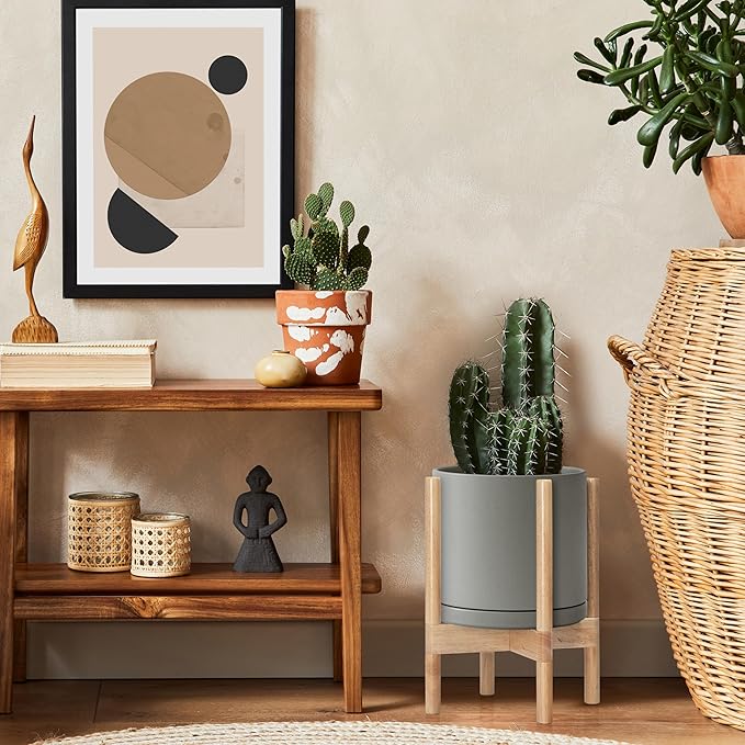 D'vine Dev Ceramic Planter with Natural Stand - 10 Inch Modern Round Flower Pot with Wood Planter Holder, Grey, 55-B-K-3-Ruum Studio Home