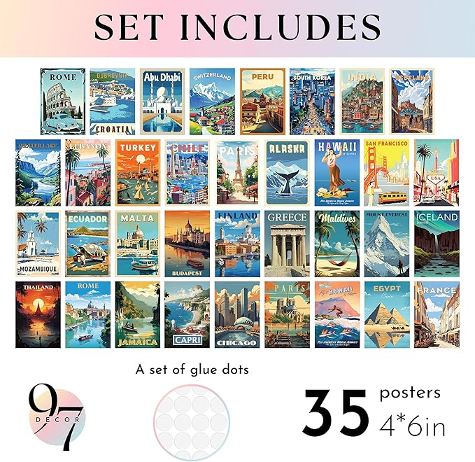 97 Decor Vintage Travel Decor - Travel Posters Wall Art Prints, Vintage Postcards from Around The World, City Landscape Aesthetic Pictures Retro Popular Cities Photo Collage Kit for Teen Bedroom (4x6)-Ruum Studio Home