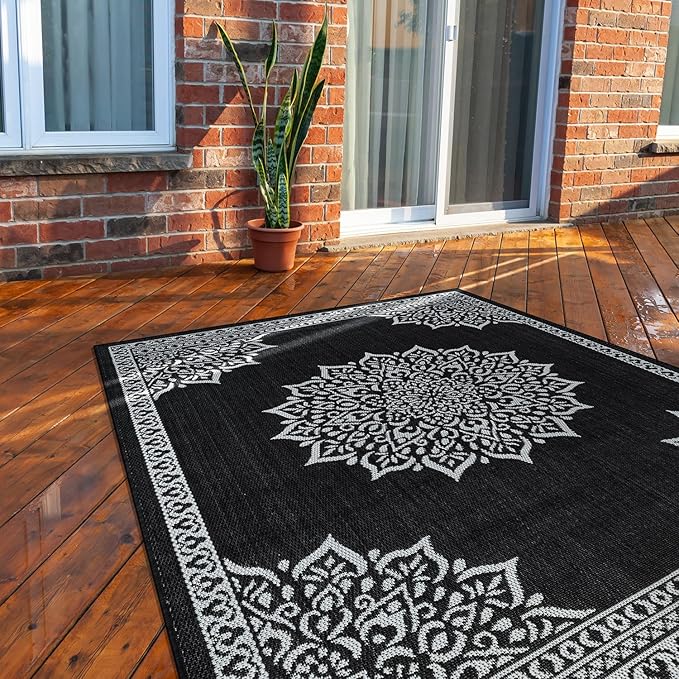 CAMILSON Outdoor Rug, 6x9 Medallion Black White Modern Area Rugs for Indoor and Outdoor Patios, Kitchen and Hallway Mats, Washable Porch Deck Outside Carpet (Medallion Black, 6 x 9)-Ruum Studio Home