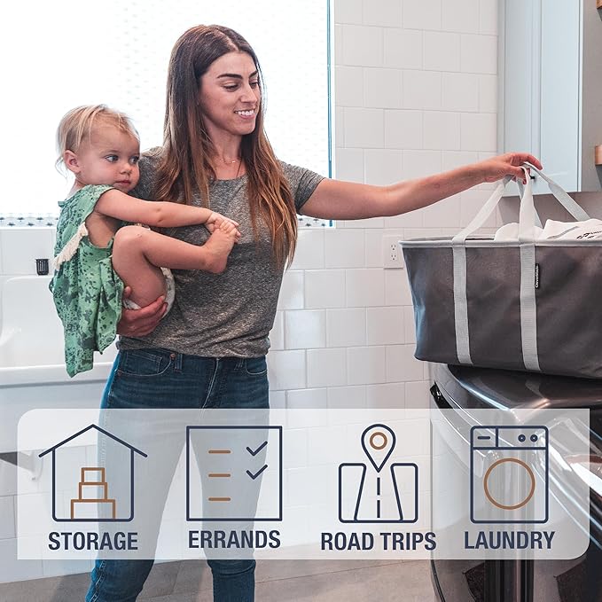 CleverMade Collapsible Laundry Tote - Denim Charcoal 2-Pack 50L - Foldable Storage Organization Container for Clothes Laundry Room Storage Solution-Ruum Studio Home