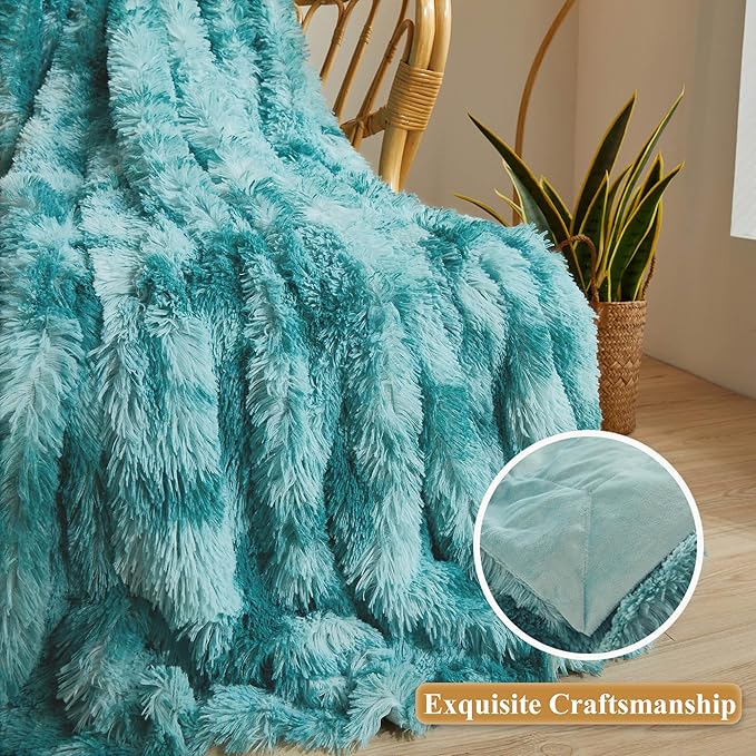 XeGe Tie Dye Plush Faux Fur Throw, Teal Soft 50x60 Shaggy Furry Blanket, Turquoise Fluffy Velvet Couch Throw, Comfy Ombre Fuzzy Lap Blanket for Bedroom Living Room Car Tie Dye Teal-Ruum Studio Home