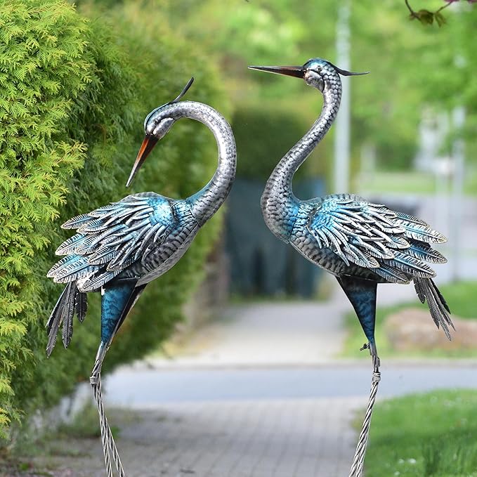 Crane Decor Statues, Blue Heron Garden Statues Metal Yard Art Outdoor Decoy, Garden Sculptures for Yard/Lawn/Pond/Outdoor Decoration, Set of 2-Ruum Studio Home