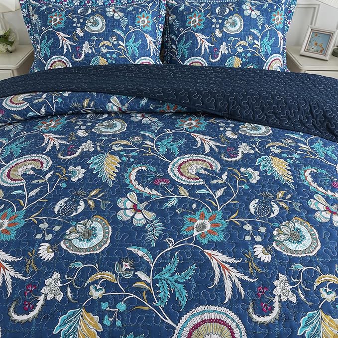 NEWLAKE Quilt Set Queen Size, Bedspread Sets Blue Botanical Floral Patterns, Reversible Quilt Bedding Set Lightweight and Breathable for All Seasons, Soft Quilted Bedspread with 2 Pillow Shams-Ruum Studio Home