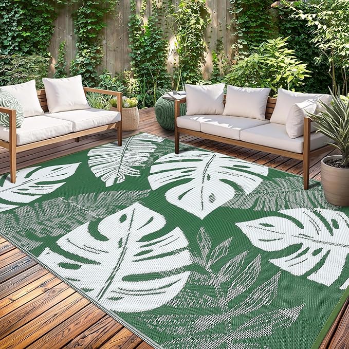 GAOMON Outdoor Rug 8x10 Patio Waterproof Reversible Plastic Straw Rug Modern Foldable Lightweight RV Camping Mat with Portable Bag & 4 Stakes, UV Resistant & Sturdy for Picnic Deck Balcony, Green-Ruum Studio Home