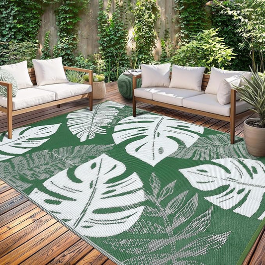 GAOMON Waterproof Plastic Straw Rug 9x12 Outdoor Patio Rug, Reversible Modern Camping Mat with Bag & Stakes, UV Resistant & Easy to Clean Outdoor Carpet for RV, Deck, Balcony, Green-Ruum Studio Home
