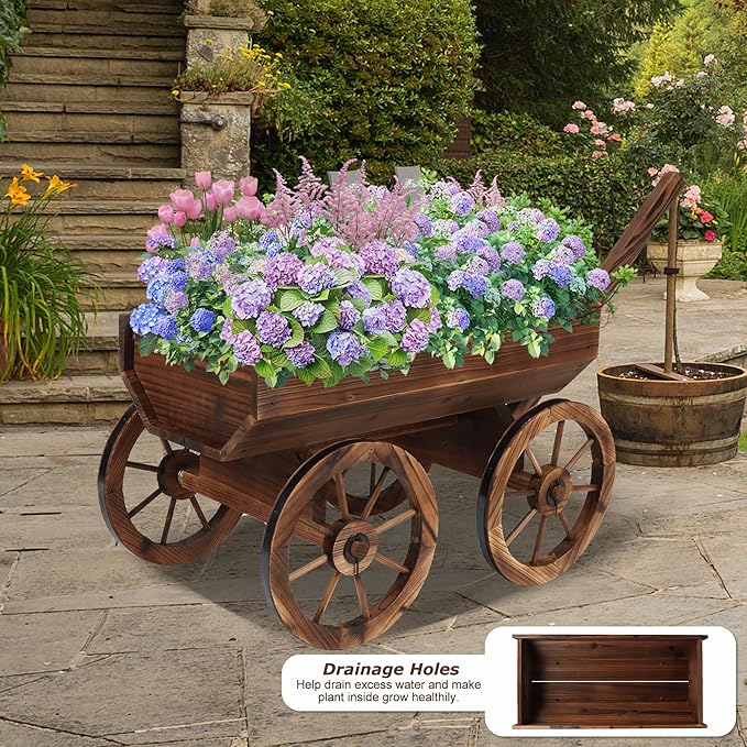 Garden Wooden Decor Rustic Flower Pot,Planters Wagon Indoor Outdoor Backyard Balcony Decor,for Outside Garden Decor Wheelbarrow Planter for Patio (Wooden Wagon with Light)-Ruum Studio Home