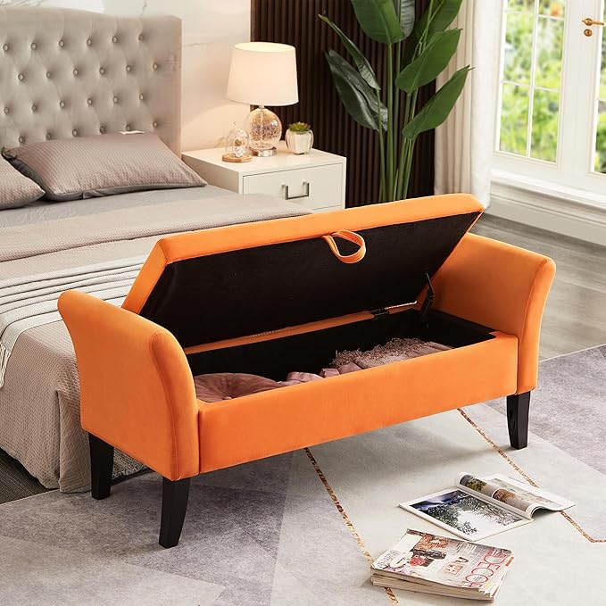 Furniliving 51 Inch Storage Bench for Living Room, Upholstered Bench Ottoman with Velvet Fabric, Modern Entryway Bench with Woodern Legs for Bedroom, Living Room, Shoe Storage & Seating, Orange-Ruum Studio Home