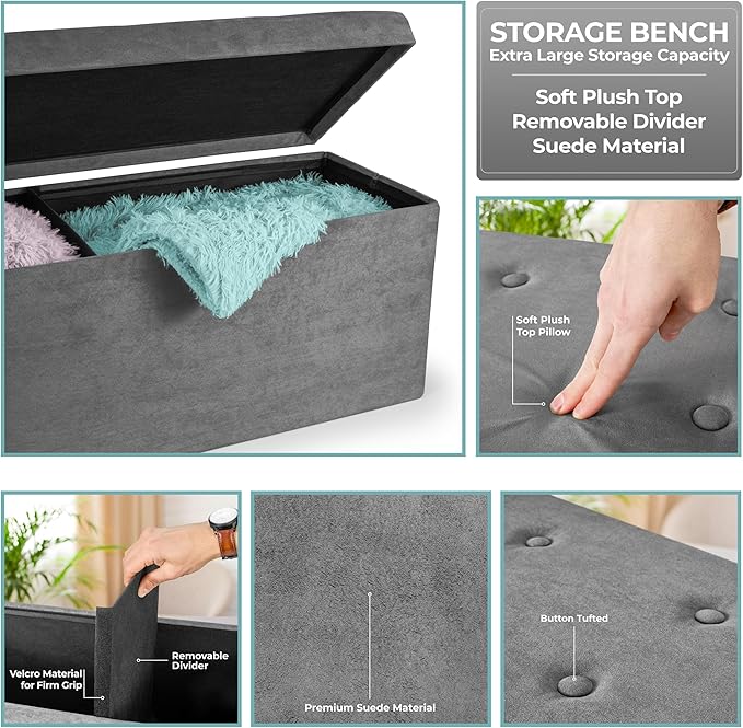 Sorbus Storage Ottoman Bench – Collapsible/Folding Bench Chest with Cover – Perfect Toy and Shoe Chest, Hope Chest, Pouffe Ottoman, Seat, Foot Rest, – Contemporary Faux Suede (Gray)-Ruum Studio Home
