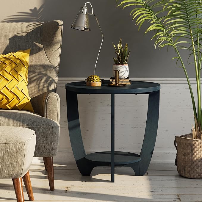Rustic Farmhouse End Table with Storage Shelf, French Country Accent Side for Family, Dinning or Living Room, Small Spaces, Modern, Round, Vintage Blue Finish, Curved Leg-Ruum Studio Home