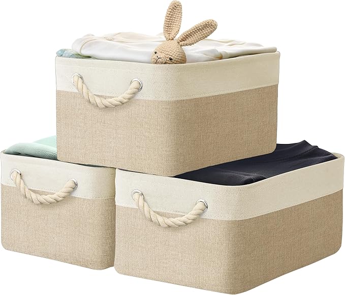 SIMPLE HOUSEWARE Large Fabric Storage Bin, 15.7" x 12" with Braided Handles, 3 Pack, Beige-Ruum Studio Home