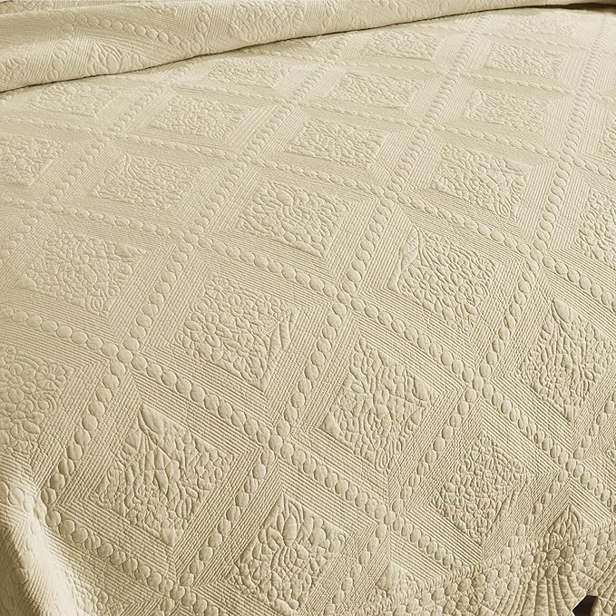 MarCielo 3-Piece 100% Cotton Oversized Bedspread Lightweight Quilt Coverlet Embroidery Farmhouse Bedding Set (Tk Beige Khaki, Oversized King (118"x106"))-Ruum Studio Home