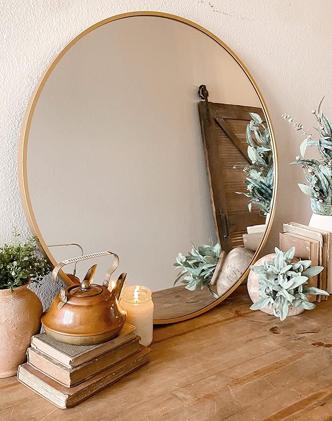 BEAUTYPEAK Circle Mirror Gold 36 Inch Wall Mounted Round Mirror with Brushed Metal Frame for Bathroom, Vanity, Living Room, Bedroom, Entryway Wall Decor (Gold, 36 Inches)-Ruum Studio Home