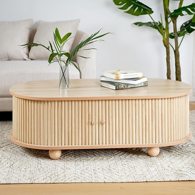 Oval Coffee Table with Storage for Living Room, Retro Charm Wooden Fluted Center Table, 47.24" Modern Classic Accordion Door Coffee Tables Dual Level Storage Side Table for Home,Office-Natural-Ruum Studio Home