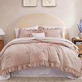 Queen Comforter Set - 7 Pieces Ruffle Pink Bedding Sets, Shabby Chic Farmhouse Bed in a Bag Queen with Ruffle Comforter, Floral Sheets, Pillowcases & Shams-Ruum Studio Home